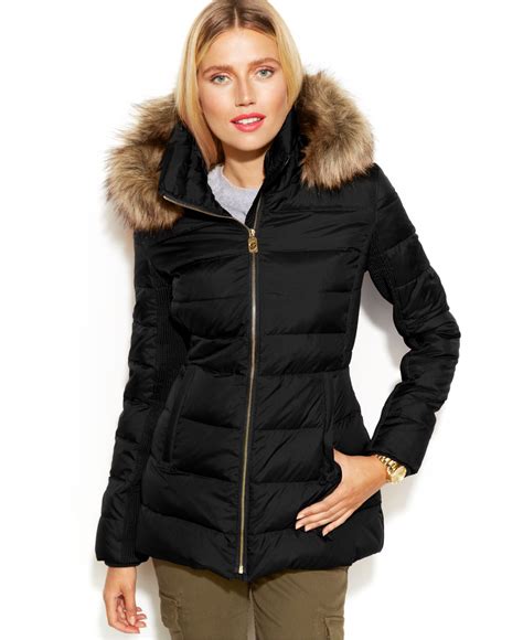 michael michael kors faux-fur-trim hooded down puffer coat|michael kors lightweight down jacket.